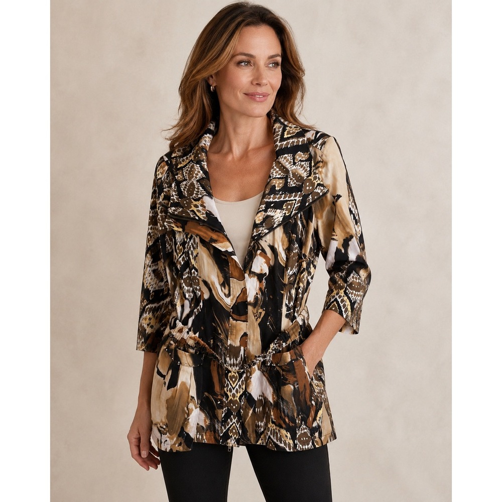 Boston Proper Women Small Abstract Animal Print‎ Zip Jacket Belted 3/4 Sleeve